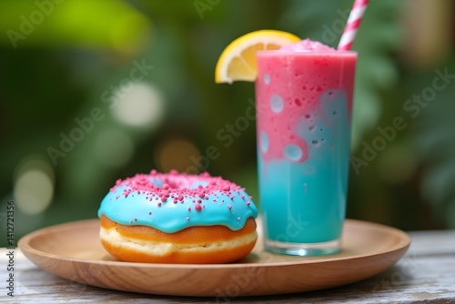 A donut with sky-blue and magenta glaze on a wooden plate, paired with an iced fruit smoothie, in a tropical garden