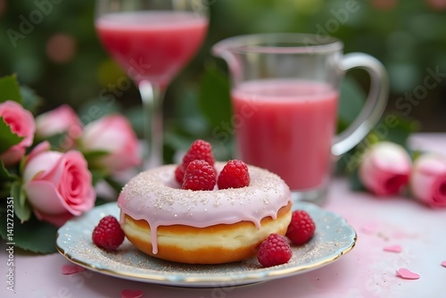 Silver and Raspberry Glazed Donut with Berry Smoothie in a Romantic Garden