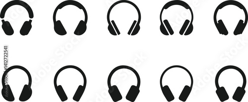 Silhouette vector icons of headphones – over-ear, on-ear, wireless, wired audio devices, music listening gear