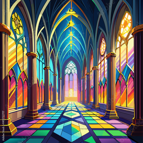 A large, empty cathedral with a bright sun shining through the stained glass windows. The light casts a warm glow on the stone pillars and the colorful mosaic floor. Concept of peace and serenity