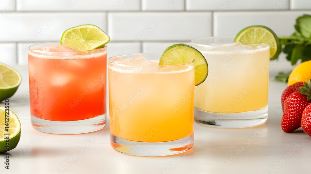Refreshing Summertime Cocktails with Citrus and Berry Accents in Glasses Refreshing Summertime Cocktails with Citrus and Berry Accents in Glasses