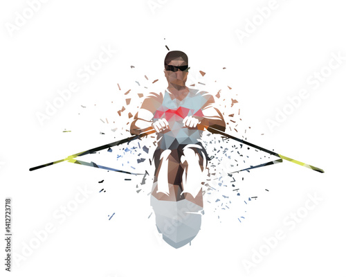 Rowing, athlete rows, low polygonal isolated vector illustration. Water sport logo