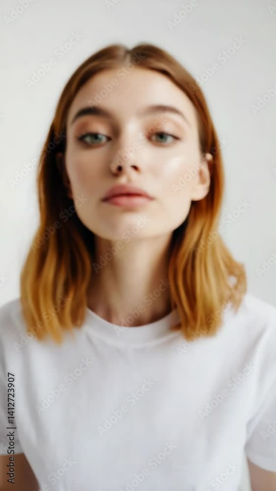 Portrait of a fair skinned female model with green eyes, red hair, and light makeup wearing a white shirt against a neutral background. Portrait of a fair skinned female model with green eyes, red hair, and light makeup wearing a white shirt against a neutral background.