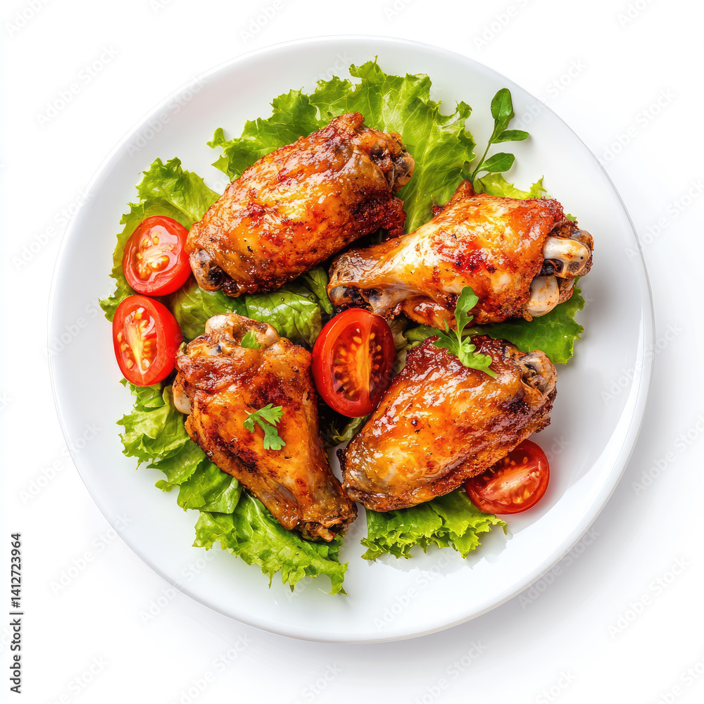 Plate of four glazed chicken wings with lettuce and sliced tomatoes on white plate Plate of four glazed chicken wings with lettuce and sliced tomatoes on white plate