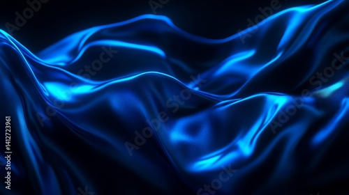 Abstract blue silk fabric with flowing lines and shimmering highlights