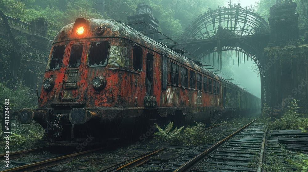 Vintage train misty forest journey