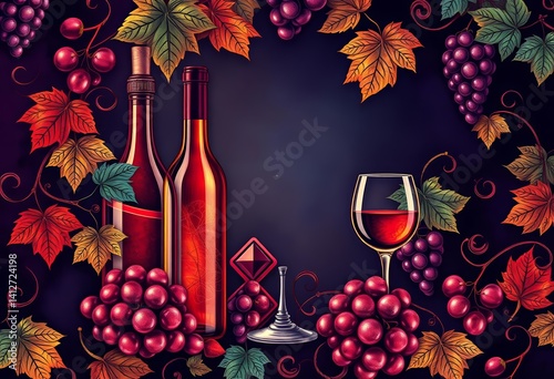 Intricate wine bottle, glass, & grape pattern; rich jewel tones on deep background, vintage, wine