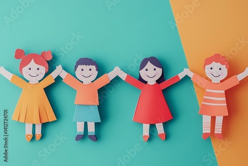 Happy Diverse Kids Paper Cutouts Teamwork Design