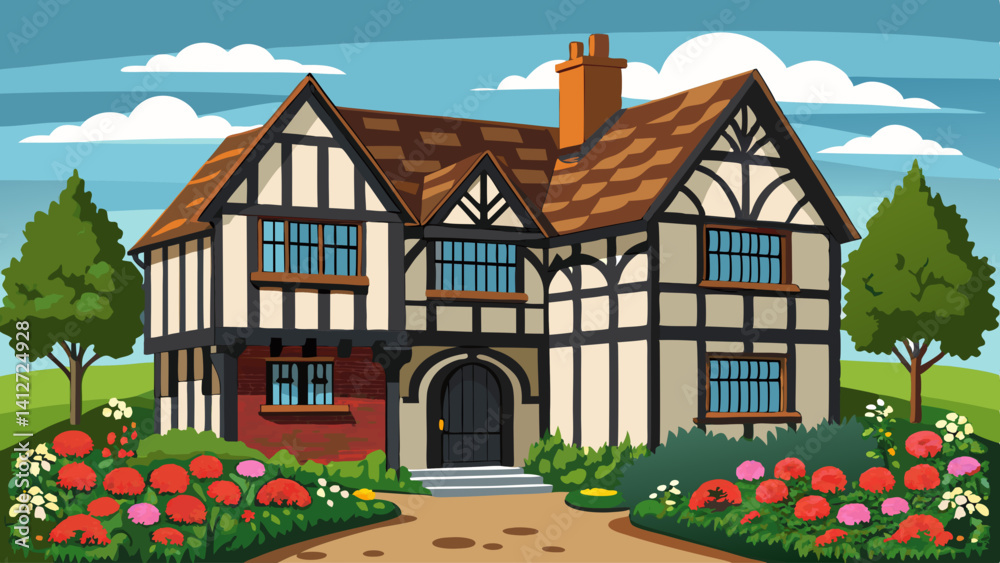 A large house with a brick front and a black door. The house is surrounded by a garden with red flowers A large house with a brick front and a black door. The house is surrounded by a garden with red flowers