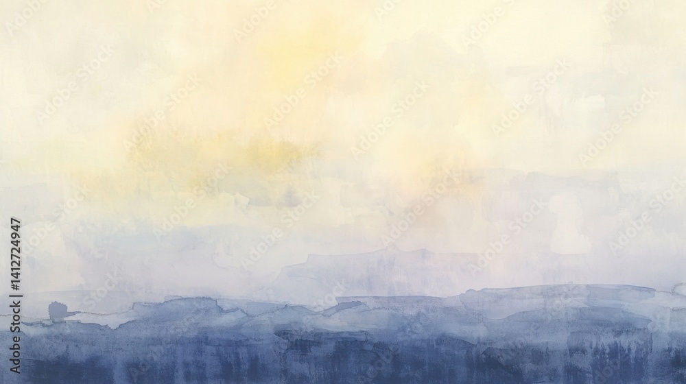 Fototapeta premium Gentle gradients of blues and yellows fill the canvas, depicting a tranquil morning light casting softly over undulating hills, evoking a sense of calm relaxation