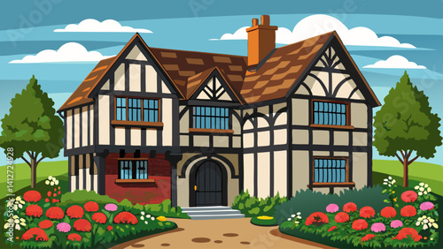 A large house with a brick front and a black door. The house is surrounded by a garden with red flowers