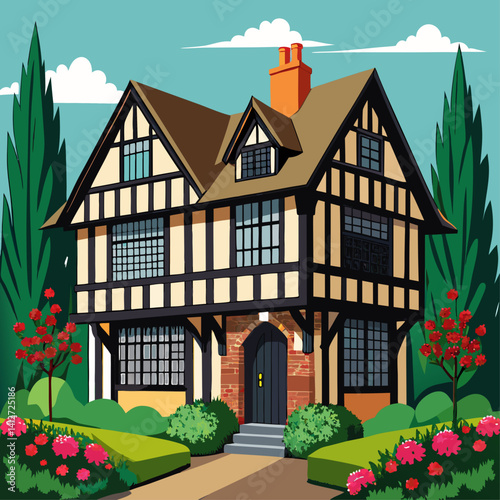 A large house with a brick front and a black door. The house is surrounded by a garden with red flowers