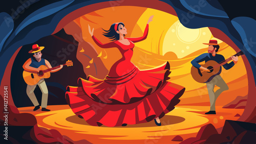 A woman in a red dress is dancing with a man playing a guitar. The scene is set in a cave with a red and orange background. Scene is lively and energetic, as the woman