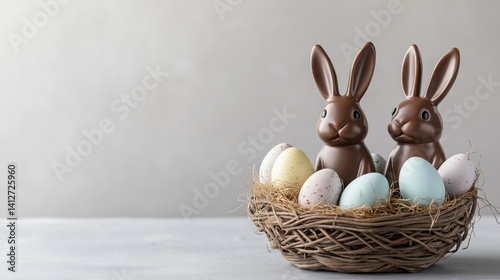 Festive Easter composition featuring two chocolate bunnies in a wicker basket with colorful speckled eggs