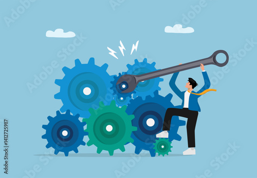 Businessman Fixing Interconnected Gears with Wrench. Concept of Teamwork, Productivity, and Problem Solving in Flat Vector Illustratio