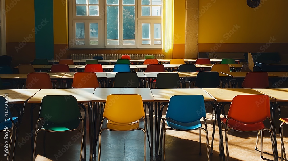 custom made wallpaper toronto digitalEmpty Modern Classroom In the School Interior, Back to School Concept Book, Chair, table 3D Render.