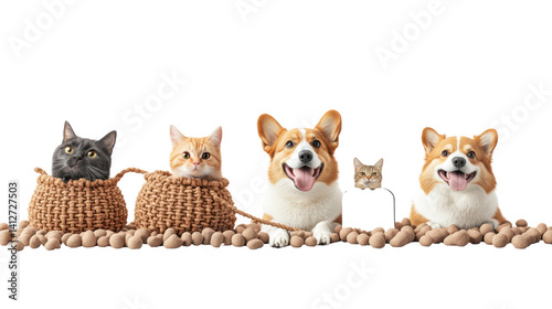 Adorable group of pets including cats and dogs smiling together on a black background with playful expressions