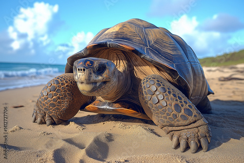 Galapagos Giant Tortoise Walking on Sandy Beach, Ocean Background