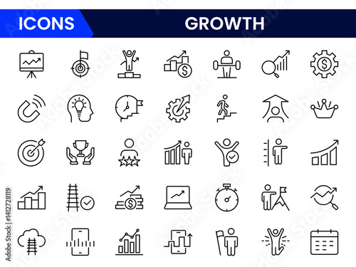 Growth and success line icons collection. Big UI icon set in a flat design. Thin outline icons pack. Vector illustration