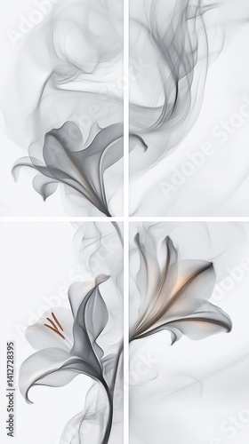 Elegant lilly flower with smoke effect collage on a white background, creating a visually captivating and ethereal composition