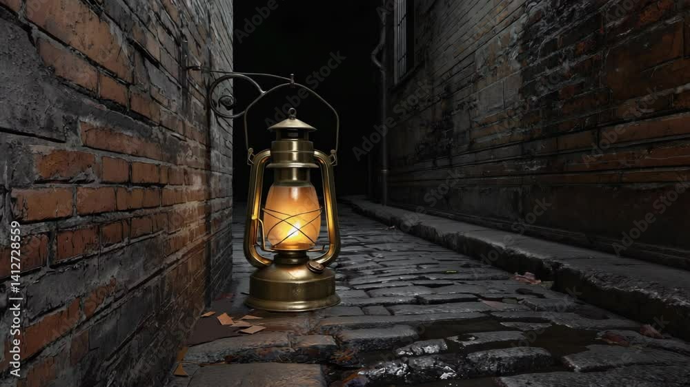 Glowing kerosene lantern illuminates a narrow cobblestone alleyway, creating moody shadows along aged brick walls and a path into darkness