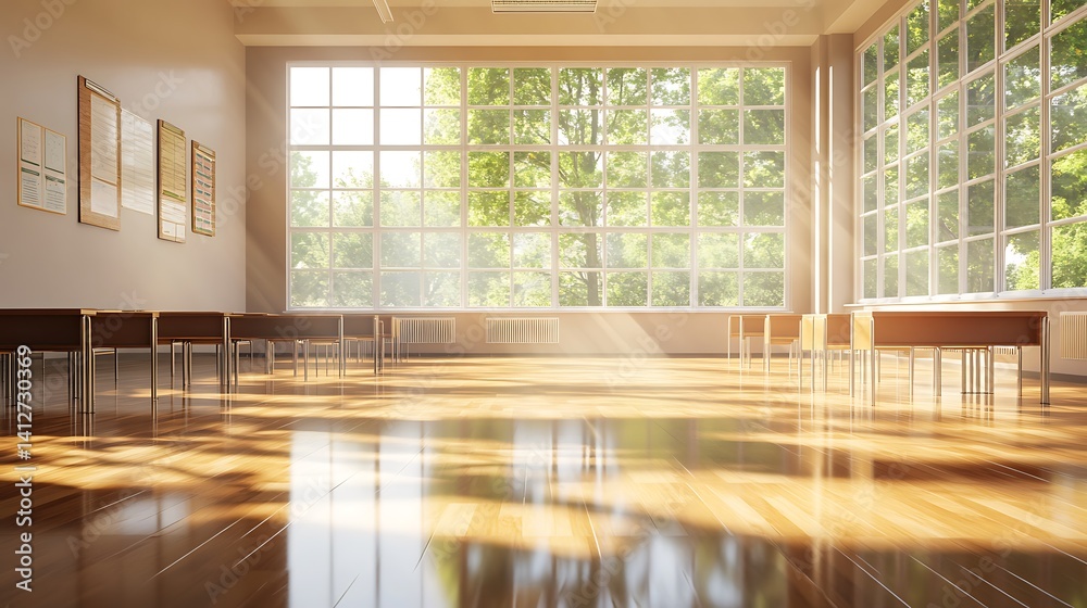 Fototapeta premium Empty Modern Classroom In the School Interior, Back to School Concept Book, Chair, table 3D Render.