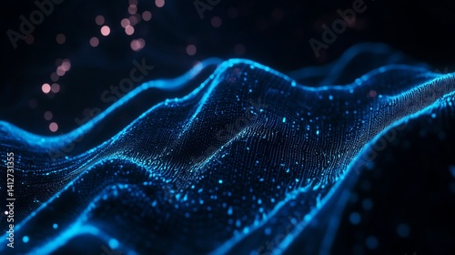 Abstract digital landscape with flowing blue particles, technological innovation