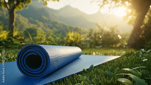 Yoga Mat Unrolled on Grass in Nature, Ready for Outdoor Exercise and Meditation, a Peaceful and Serene Scene