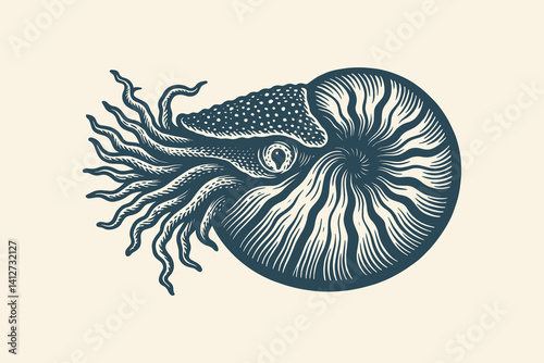 Engraved nautilus vintage vector illustration . logo, emblem, icon, print