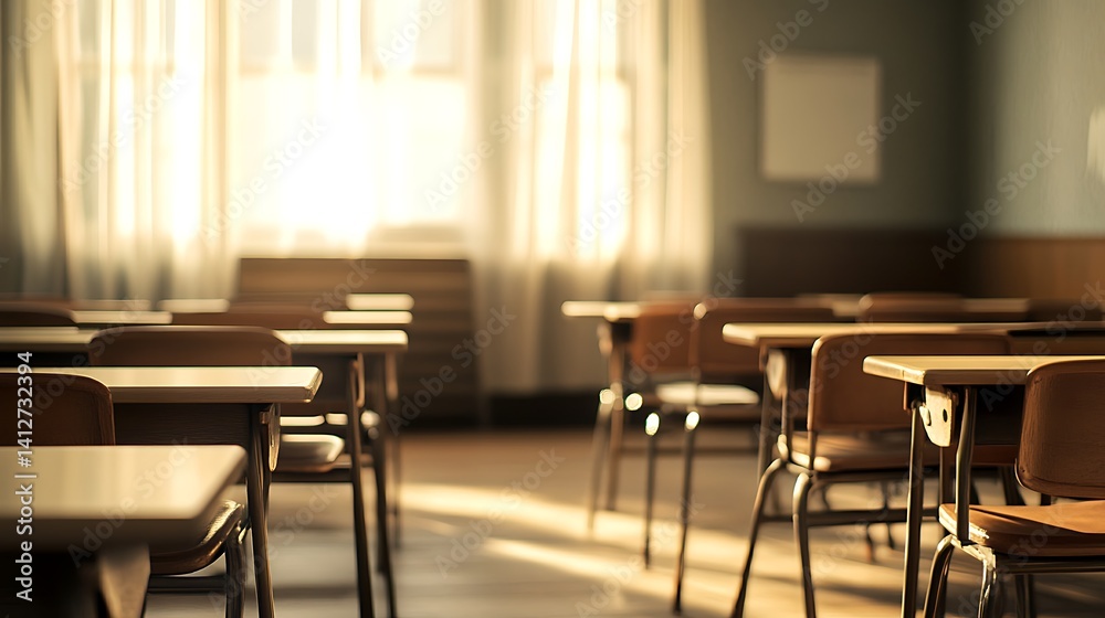 Empty Modern Classroom In the School Interior, Back to School Concept Book, Chair, table 3D Render. Empty Modern Classroom In the School Interior, Back to School Concept Book, Chair, table 3D Render.