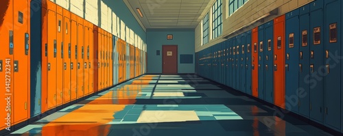 Orange and teal lockers line a clean and modern school hallway