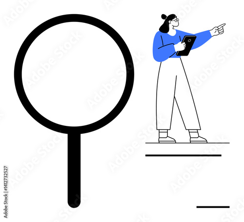 Magnifying glass and woman holding a tablet while pointing. Ideal for research, analysis, exploration, data, navigation, guidance, education, simple landing page