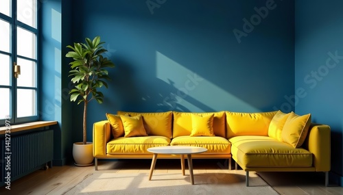 Moody blue living room nook with vibrant yellow sofa and golden accents, modern, stylish photo