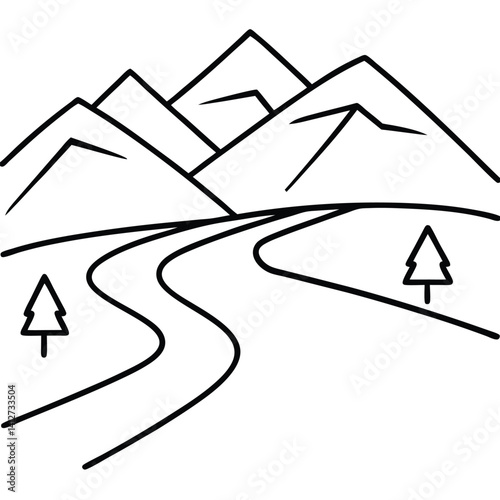 Golf element vector Perspective line drawing of a golf course fairway stretching into mountains