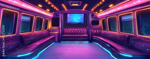 The party bus has a vibrant pixel art interior, characterized by pink seating and the presence of neon lights