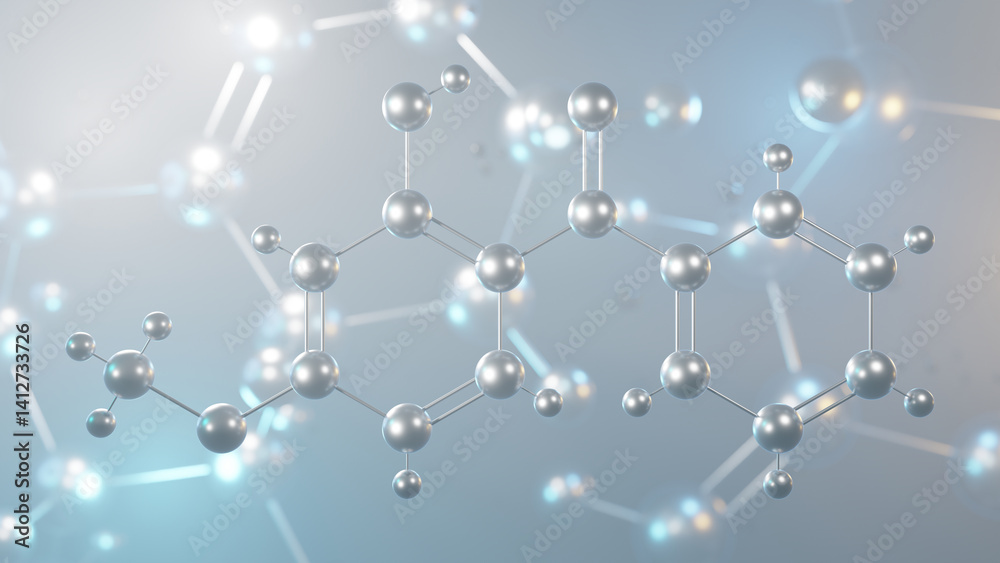 oxybenzone molecular structure, 3d model molecule, sunscreen agent structural chemical formula view from a microscope oxybenzone molecular structure, 3d model molecule, sunscreen agent structural chemical formula view from a microscope