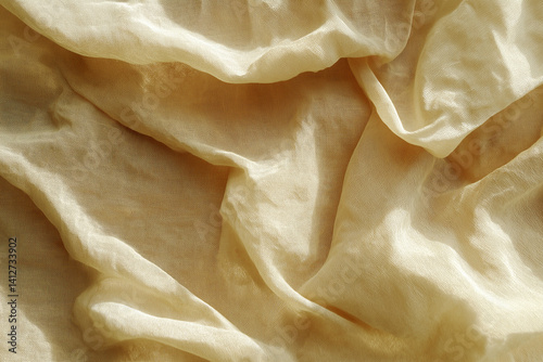 luxury fashion texture elegant minimalism photoshooting mood beige realistic high-resolution close-up of natural muslin fabric, soft texture, slightly wrinkled, beige or off-white color, organic fiber