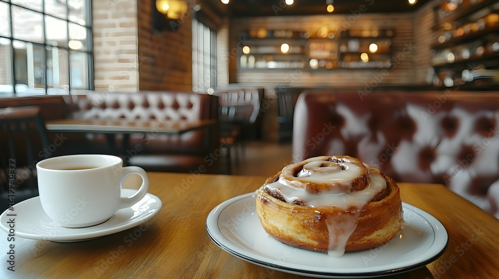 Coffee and Cinnamon Bun in Cozy Cafe Coffee and Cinnamon Bun in Cozy Cafe