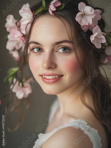 Delicate Beauty, A Portrait of a Young Woman Adorned with Cherry Blossoms