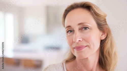 Free Download Headshot portrait of beautiful smiling mature woman with blond hair showing self-confidence and positive attitude while standing in her home - GFXLoad