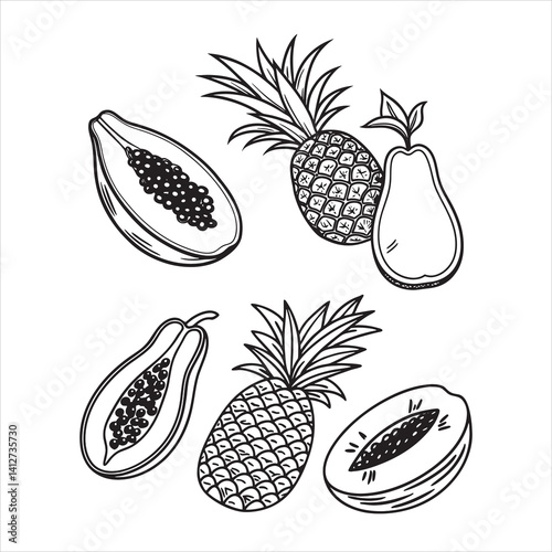 Tropical Papaya and Pineapple Fruit Line Art Vector Illustration for Summer and Exotic Food Design