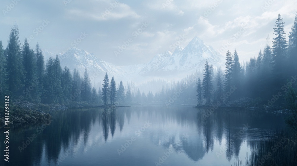 Fototapeta premium Misty Mountain Lake Winter Landscape