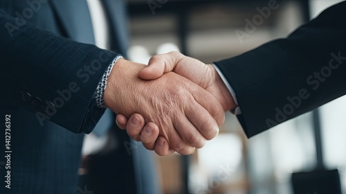 Two businessmen finalize a handshake inside an office Symbol of agreement and cooperation