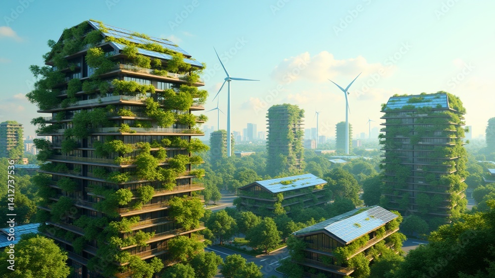 Obraz premium Futuristic Green Tech City with Solar Panels, Wind Turbines, and Vertical Gardens 