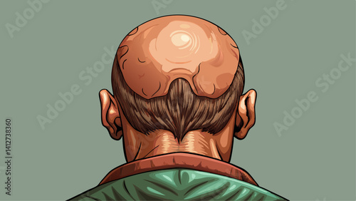 Bald male head with detailed skin texture viewed from the back against a plain light background