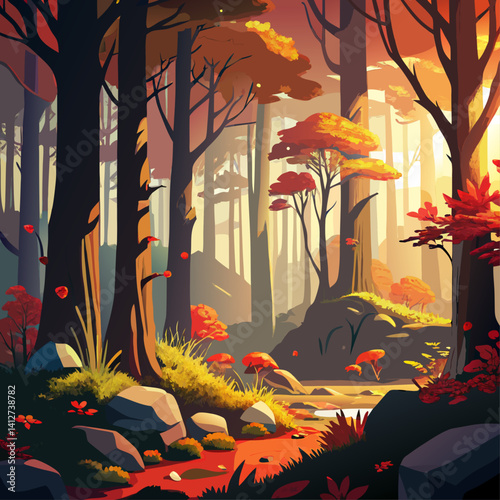 A tranquil forest scene with a river running through it. The trees are tall and leafy, and the ground is covered in grass and rocks. The sunlight filters through the leaves, creating a warm