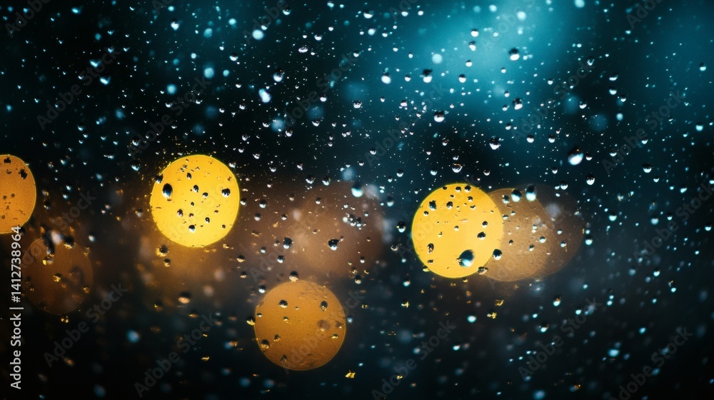 Fototapeta premium Rainy night city lights bokeh, window view, dark mood, travel background
