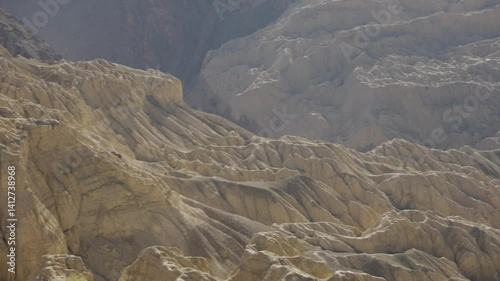 4K footage of moon-like terrain in Kargil Ladakh, Lamayuru Moonland of India, featuring a scenic monastery and arid desert landscape.