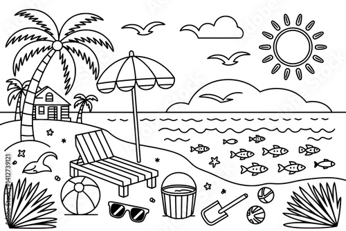 A simple line drawing of a tropical beach scene