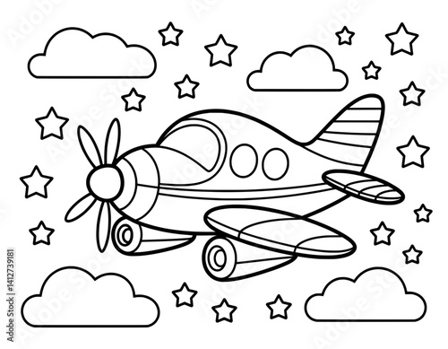 A simple, black and white coloring page featuring a cartoon airplane flying among clouds and stars